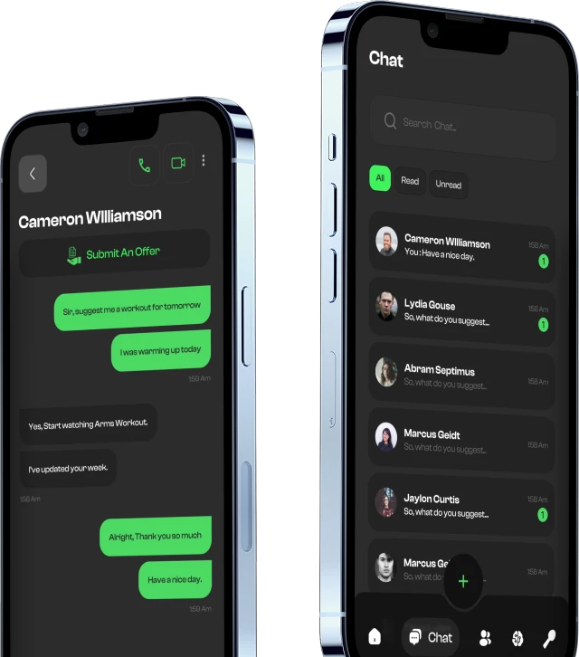 Fitamps app showing a video call and chat list with a trainer
