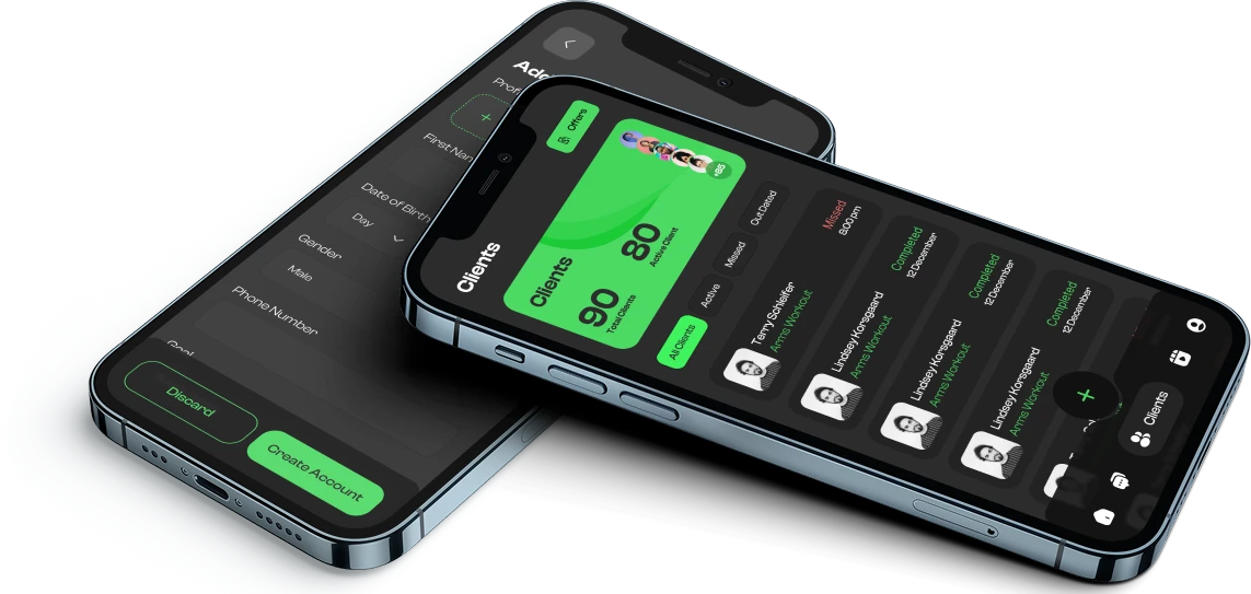 Fitamps app showing a trainer client roster and new client form