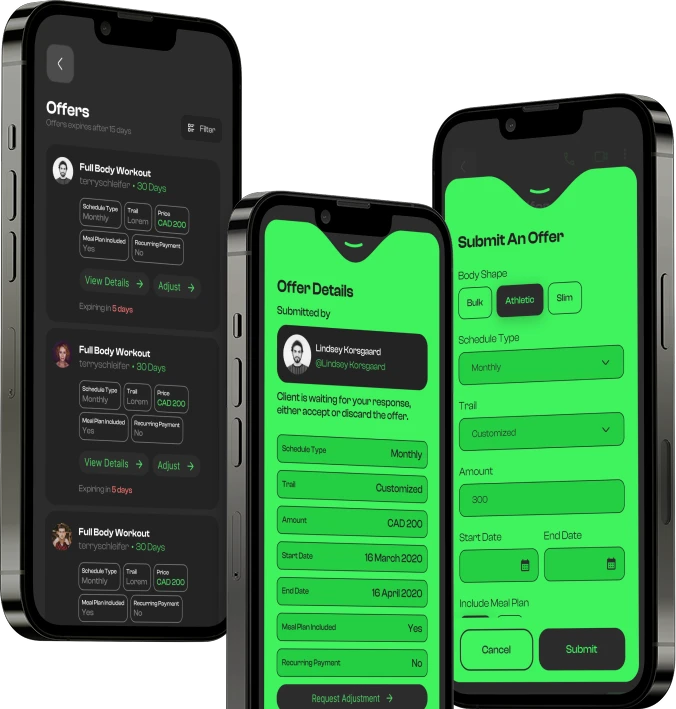 Fitamps app showing an offers list and a submit offer form