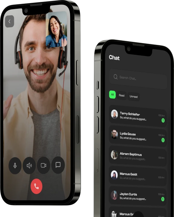 Fitamps app showing a video call and chat list with clients