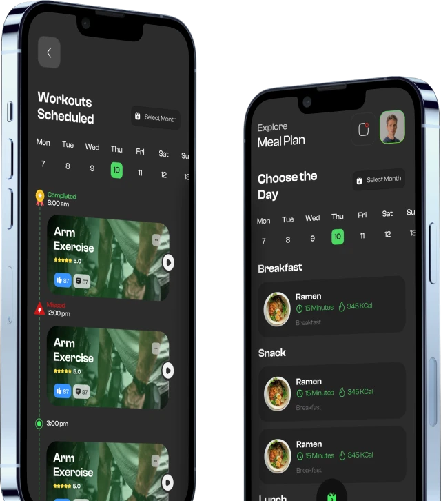 Fitamps app showing scheduled workouts and a meal plan